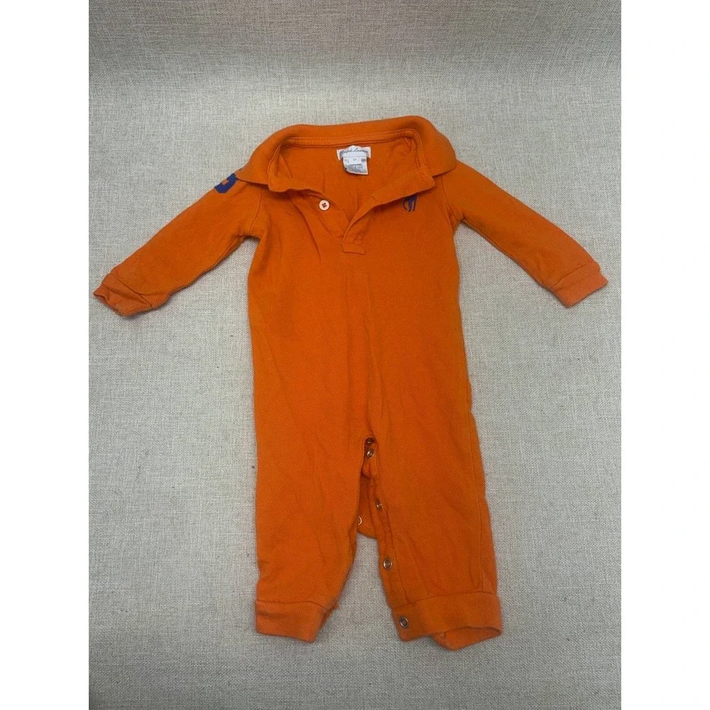 Ralph‎ Lauren Baby Boy Orange Polo Romper Long Sleeve Size 6M Excellent
